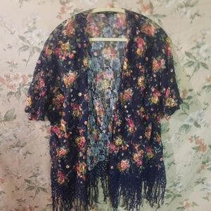 Floral Lace Kimono with Fringe
